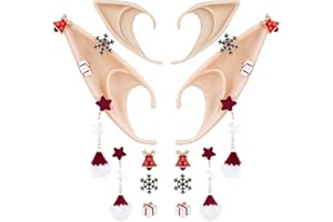 FRESHME Elf Ears with Piercings Christmas Earrings Set, 2 Pairs Soft Fairy Pixie Ears with Red Stars Snowflake Bell Earrings Pierced Ear Cuffs for Women Cosplay New Year Eve Christmas Party Photo Accessories