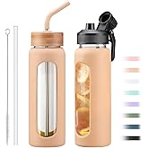 NOLOGLAZIC 24oz Glass Water Bottle with Straw and 2 Lids-Bamboo and Spout Lid, Borosilicate Glass Water Bottle with Silicone Sleeve and Time Marker,BPA Free & Cupholder Friendly,Amber