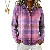 Women's Plaid Print Casual Cotton Buttoned Cardigan Sweater, Featuring Shirt Collar and Versatile Over-Hip Length