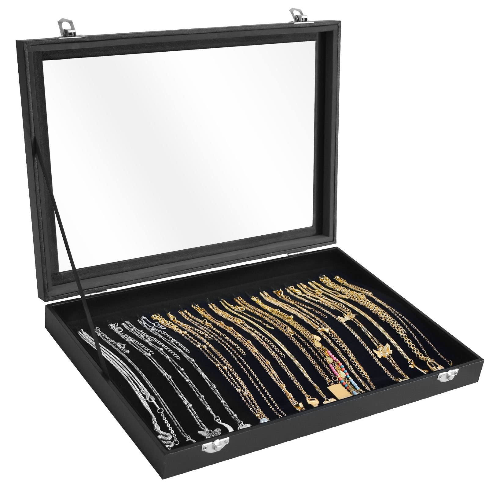 Photo 1 of Siveit Premium Necklace Organizer Box - 20 Hooks Jewelry Tray with Transparent Lid - Display Box for Necklaces, Pendants - Suitable for Women and Girls (Black)
