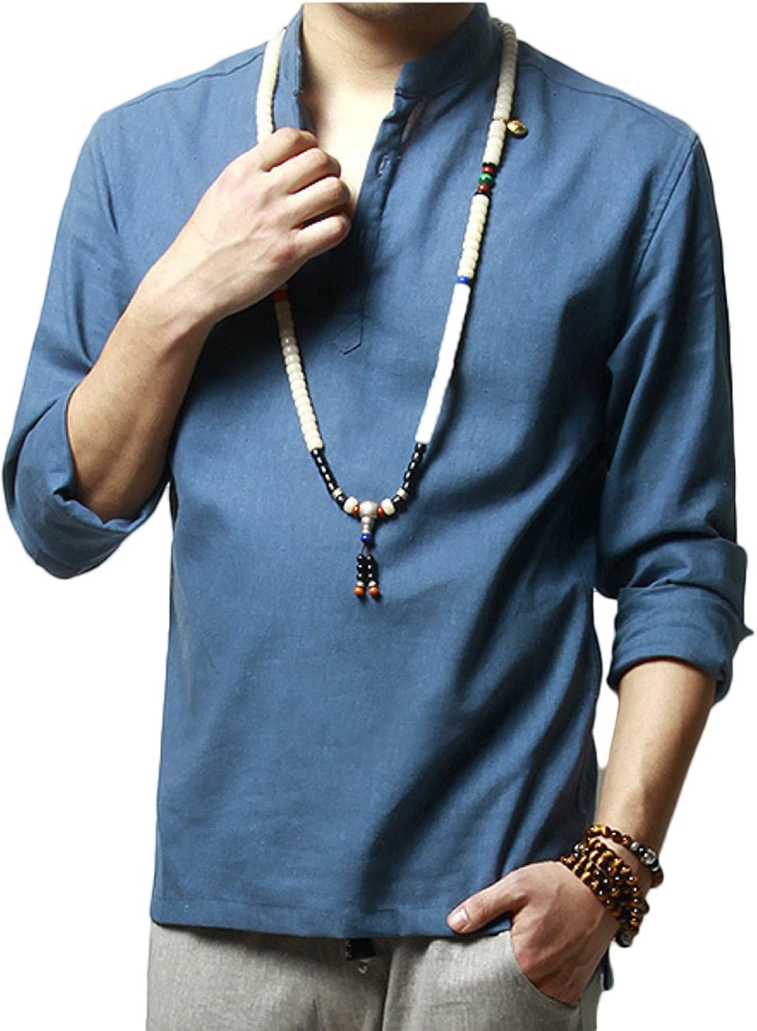 WSLCN Men's Linen Shirt Casual Henley Neck Shirts Long Sleeve Solid