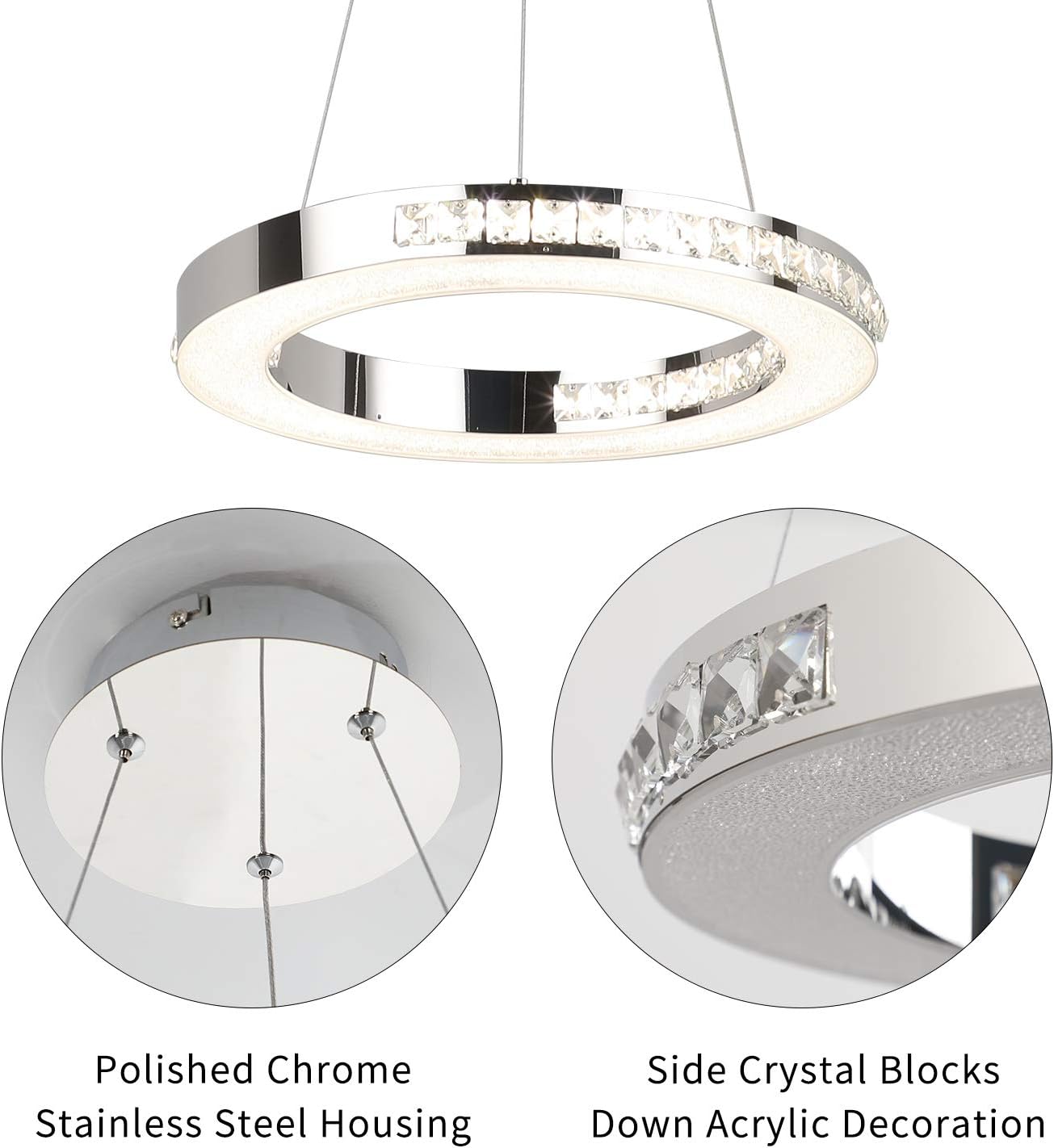 Modern Chandelier Fixtures LED Hanging Lamps 1 Ring 15.57" Diameter, Joossnwell 30W Crystal Pendant Lighting Dimmable Dining Room Ceiling Light for Living Room Bedroom Natural Light 4000K - - 