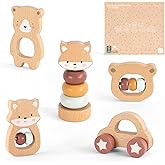 Freniland Wooden Montessori Toys, 5-Piece Wooden Baby Toys, Bear Wooden Baby Rattle, Fox Stacking Ring,Wooden Car Push and Pull Toys, Bear Grasping Toys,Newborn Baby Gift Sets for Boys and Girls
