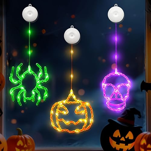 Halloween Decorations Lights, 3er Set Battery Operated Halloween Window Lights with Suction Cup & Hooks, Orange Pumpkin, Green Spider, Purple Skull, 8 Lighting Mode, Timer Function