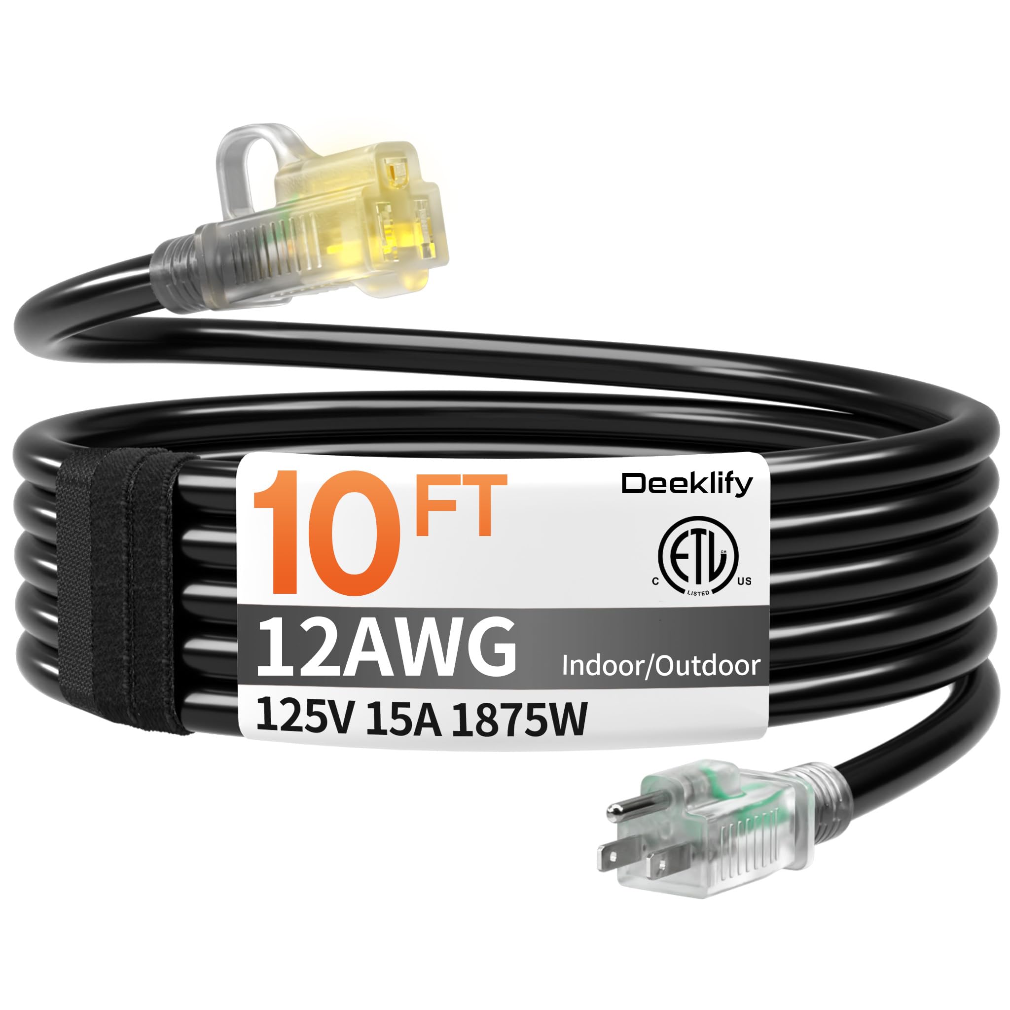 Photo 1 of 12awg 10 FT Heavy Duty Outdoor Extension Cord Waterproof with Lighted End,Black 12 Gauge Extension Cord Flexible and Cold Resistant 3 Prong Grounded Plug,15Amp 1875W SJTW ETL Listed