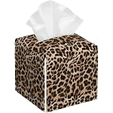 POIUBLE Leather Tissue Box Holder Leopard Print Tissue Box Cover Square Waterproof Tissue Holder Organizer Modern Napkin Holder for Bedroom Dresser Night Stand Office Desk
