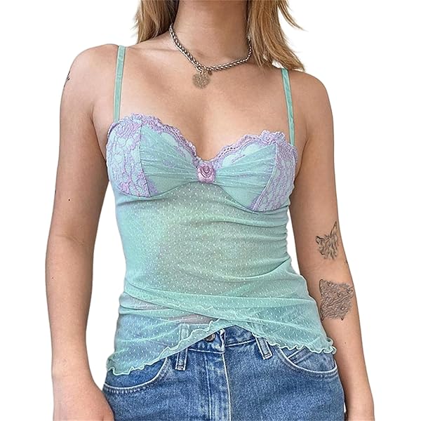 Sup-Coente Y2K Lace Crop Top Tank Women Fairy Blue