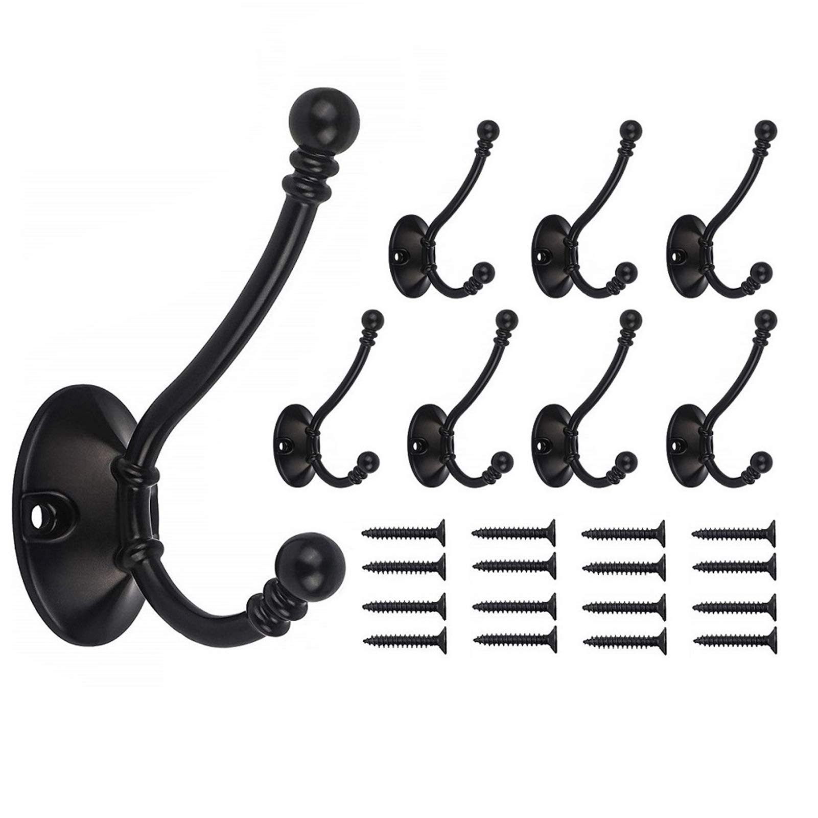 Beilala Large Coat Hooks for Door - 8 Pack Antique Heavy Duty Double Prong Bedroom Bathroom Hook Wall Mounted for Clothes, Robe, Towel, Hat, Bag, Key (Black)