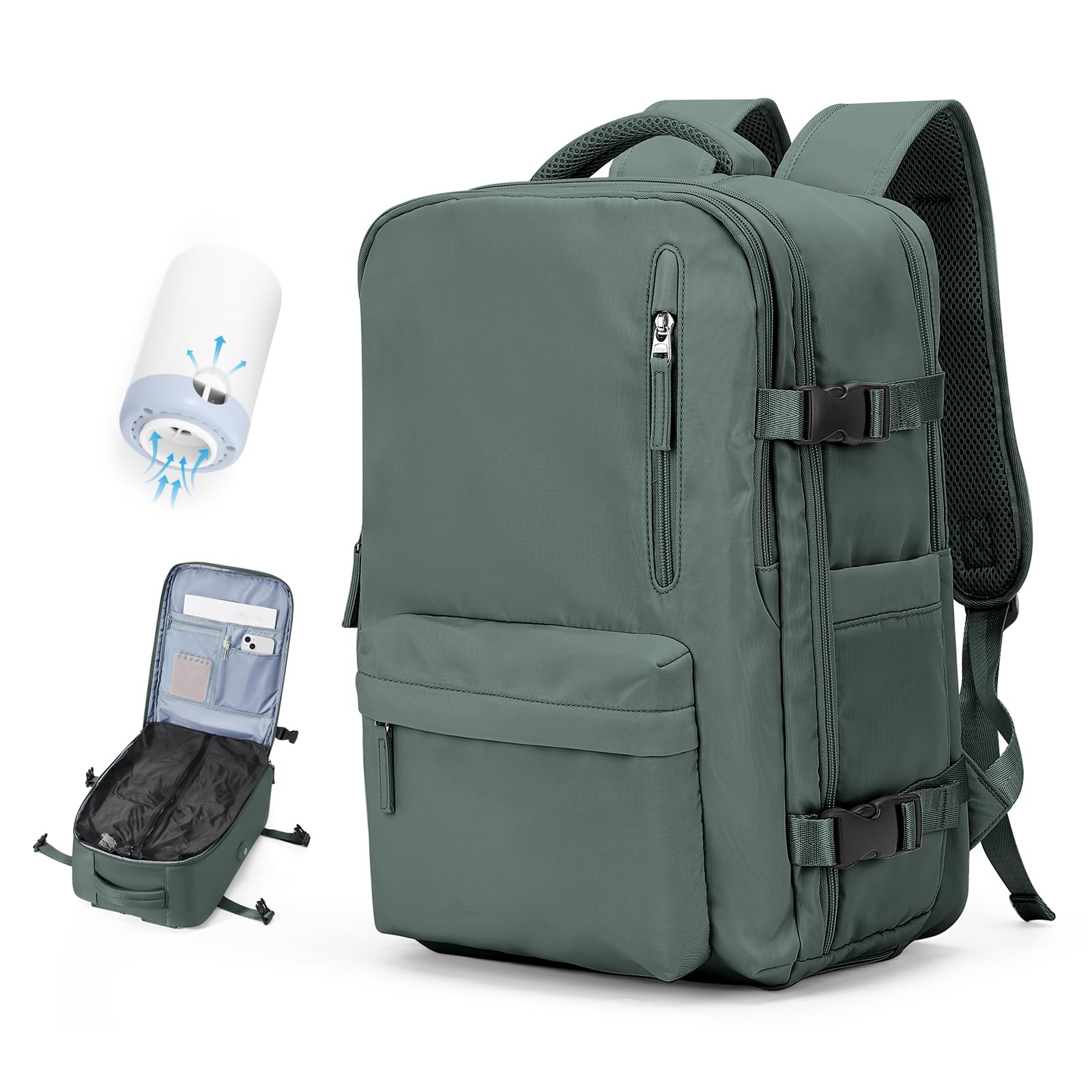 Photo 1 of **no pump/ the inner zipper broken off---PARTIAL SET--**Vacuum Travel Backpack with Pump for Women, Personal Item Carry on Backpacks Flight Approved 18x14x8 inches for Men,Laptop Waterproof Work Compression bags Casual Daypack. (Green)