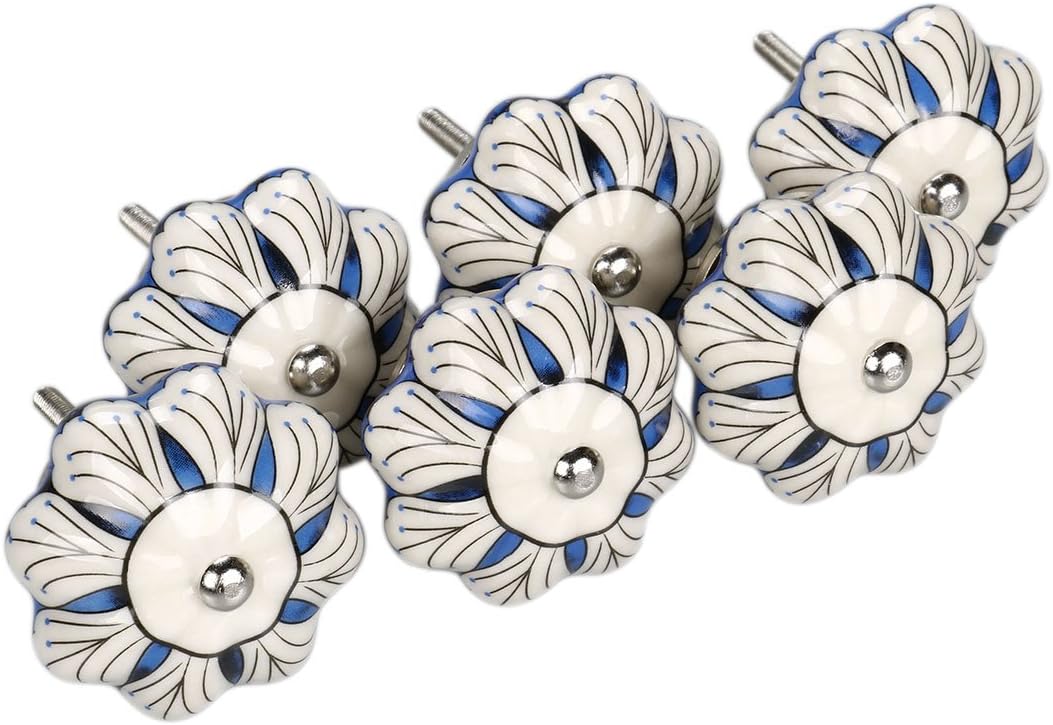 Sourcingmap 6 Pieces Vintage Shabby Knobs Blue and White Floral Hand Painted Ceramic Pumpkin Cupboard Wardrobe Cabinet Drawer Door Handles Pulls Knob