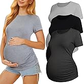 MIRAZEN 3 Pack Womens Maternity Shirts - Crew Neck Maternity Top Short Sleeve Pregnancy Tee Shirts
