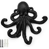 HERNGEE Octopus Cast Iron Wall Hook – Nautical Decorative Key Holder, Coastal Ocean Theme Wall Hanger for Entryway, Bathroom, or Bedroom, Heavy Duty Black Metal Hook