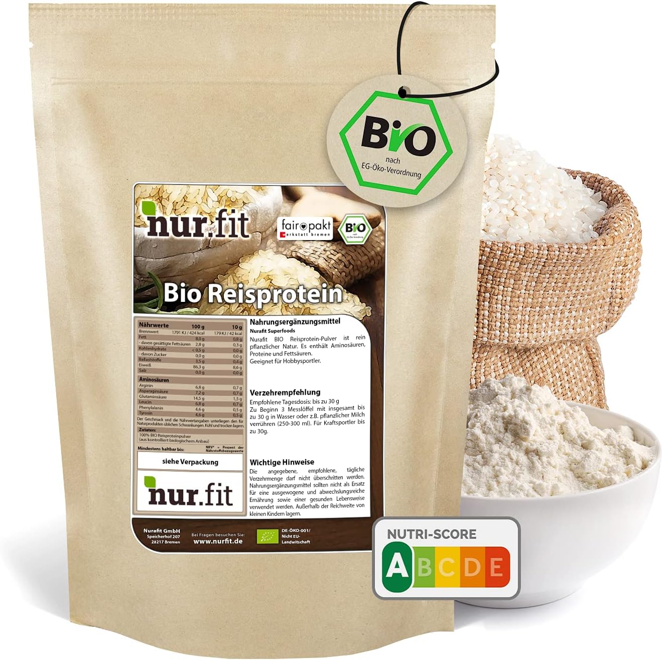 Nurafit organic rice protein powder – 1000g / 1kg pure vegan supplement – 86.3% protein content (500g)