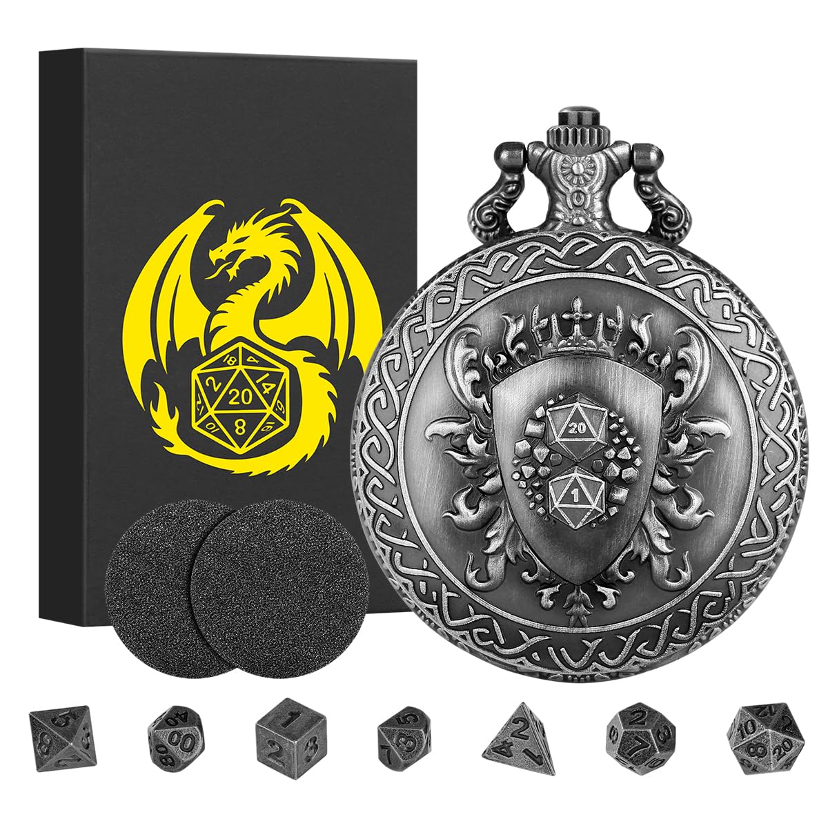 Mini DND Dice Set with D20 and D1 Shield Patterns Pocket Watch Shell Case, DND Starter Set, 7pcs Polyhedral Mini Metal Dice Set, D&D Gifts with Gift Box, Role Playing Board Game Accessories, Silver — image 1