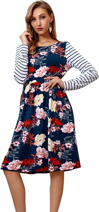 navy floral long sleeve pleated midi dress