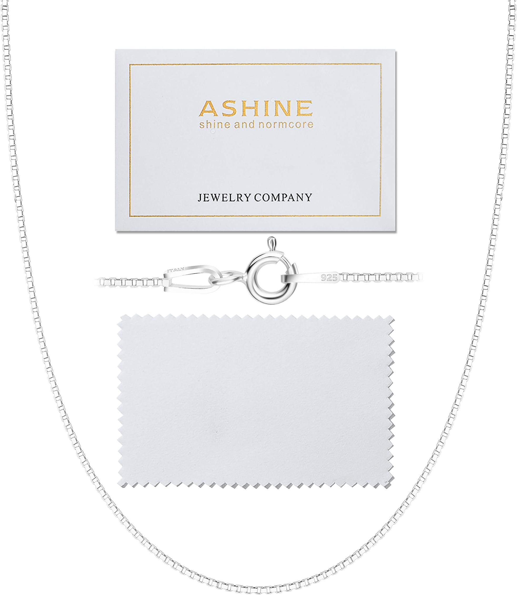 ASHINE 925 Sterling Silver 1mm & 0.8 Italian Box Chain Necklace 16" - 30" with Silver Polishing Cloth/Thin & Strong Necklace for Women Available in 15 Lengths