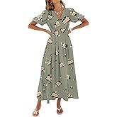 Caracilia Womens Short Puff Sleeve Maxi Dress Boho Floral A Line V Neck Spring Summer Formal Wedding Guest Party Long Dresses