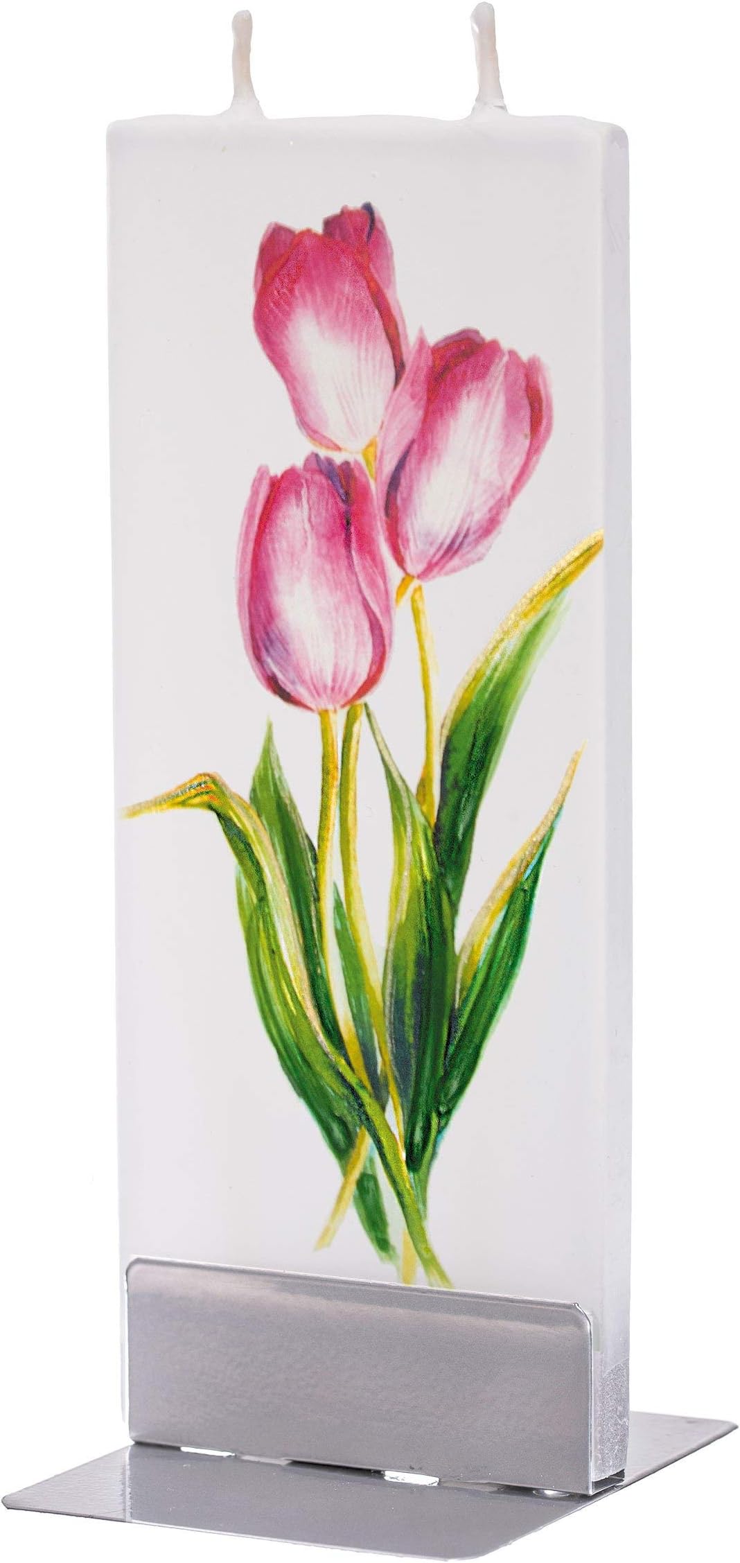 'Flatyz Hand Painted Flat Candle| Unscented, Dripless, Smokeless, Decorative | Red Tulip | Double Wick with Metal Base | Unique Gift Idea and Home Décor Accent