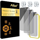 Ailun 3Pack Privacy Screen Protector for iPhone 15 Pro [6.1 inch]+3Pack Camera Lens Protector with Installation Frame,Dynamic Island Compatible,Anti Spy Private Tempered Glass[9H Hardness]-HD