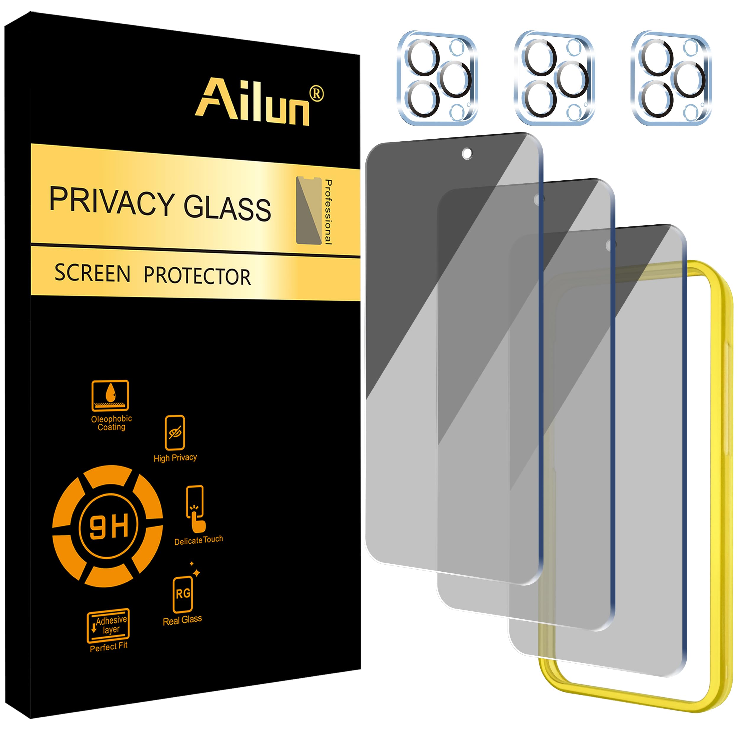Photo 1 of Ailun 3Pack Privacy Screen Protector for iPhone 15 Pro [6.1 inch]+3Pack Camera Lens Protector with Installation Frame,Dynamic Island Compatible,Anti Spy Private Tempered Glass[9H Hardness]-HD