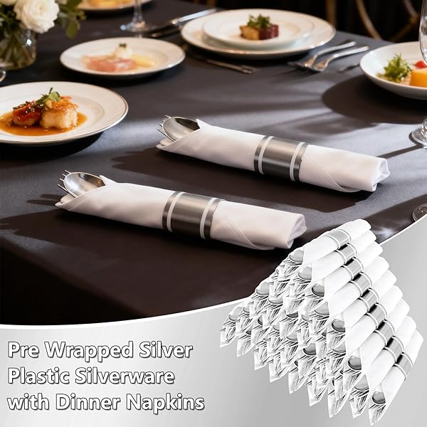 JOYIDO 100PACK WRAPPED SILVER PLASTIC SILVERWARE SETS – HEAVY DUTY PLASTIC SILVERWARE INCLUDE PRE ROLLED DISPOSABLE UTENSILS WITH NAPKINS FOR PARTIES & DINNERS & WEDDINGS