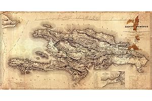 ANTIGUOS MAPS Haiti and Dominican Republic circa 1858, Vintage Isla de Santo Domingo Historical Map, Caribbean Island Topographical Wall Art Print, Antique Style, Sepia Tone (24 x 48 inches)