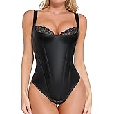 Popilush Faux Leather Shapewear Bodysuit Lace Body Suits for Womens Tummy Control Corset Tops Thong Body Shaper
