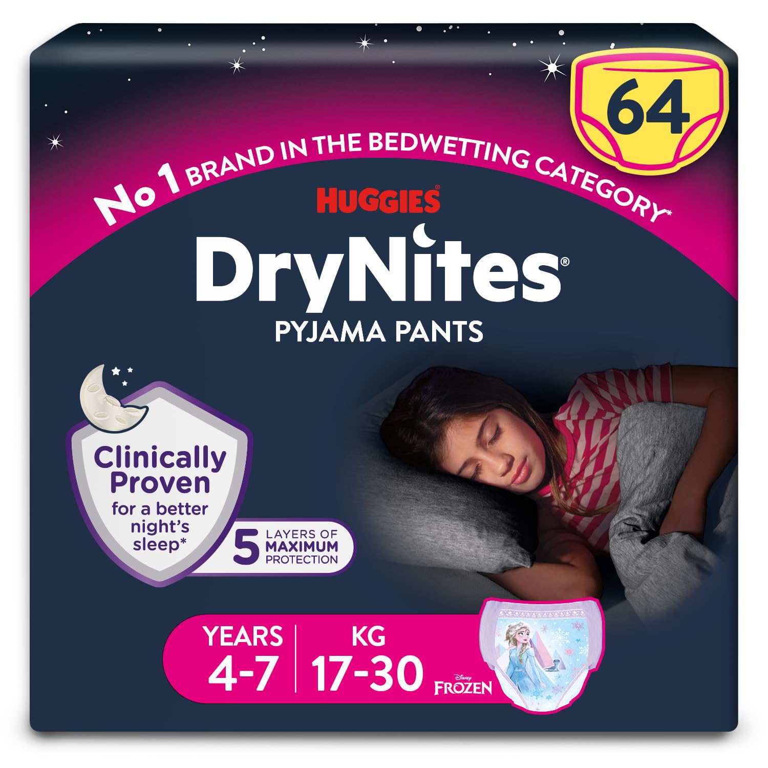 Huggies DryNites Pyjama Pants, Girls 4-7 Years (17-30KG), Up to 100% Leak Free Nights, Bedwetting Pants, 64 Count