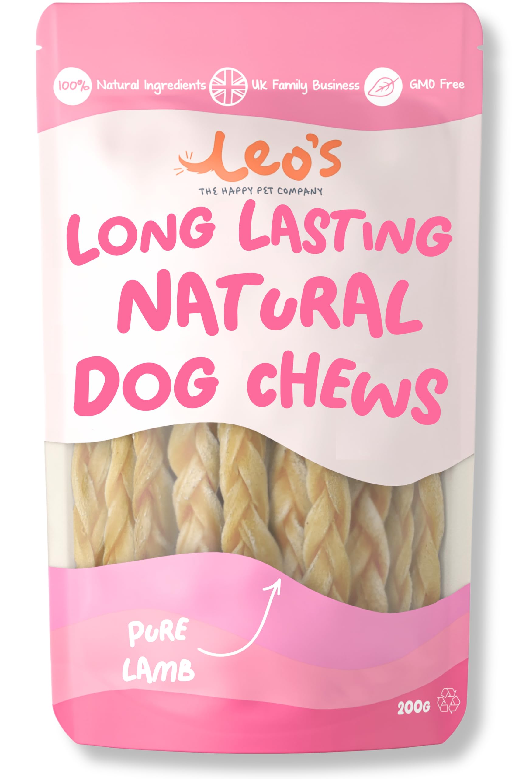 Leo's Lamb Braids for Dogs | 200g | Premium Natural Dog Chews | Long Lasting Dog Chews that Support Healthy Dental Hygiene | 100% Natural | Dog & Puppy Chews | Hypoallergenic Braided Lamb skin