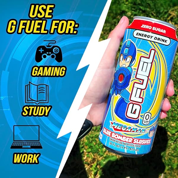 G FUEL ENERGY DRINK, BLUE RASPBERRY, SUGAR FREE BEVERAGE WITH 300MG CAFFEINE, DAILY ENERGY BOOST WITH FOCUS AMINO, VITAMIN + ANTIOXIDANTS, 16 OZ CANS (MEGAMAN BLUE BOMBER, 12-PACK)
