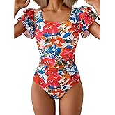 Eomenie Women's Tummy Control One Piece Swimsuit Ruffle Modest Bathing Suit Ruched Cutout Back Slimming Swimwear