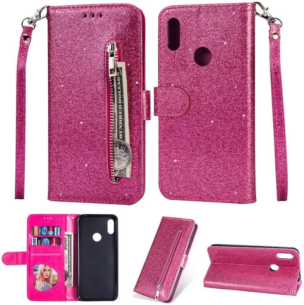 Abtory Zipper Wallet Case for Galaxy A20S, PU Leather Flip Folio Stand Holders Kickstand Soft TPU Book Case Cover for Samsung Galaxy A20S Rose