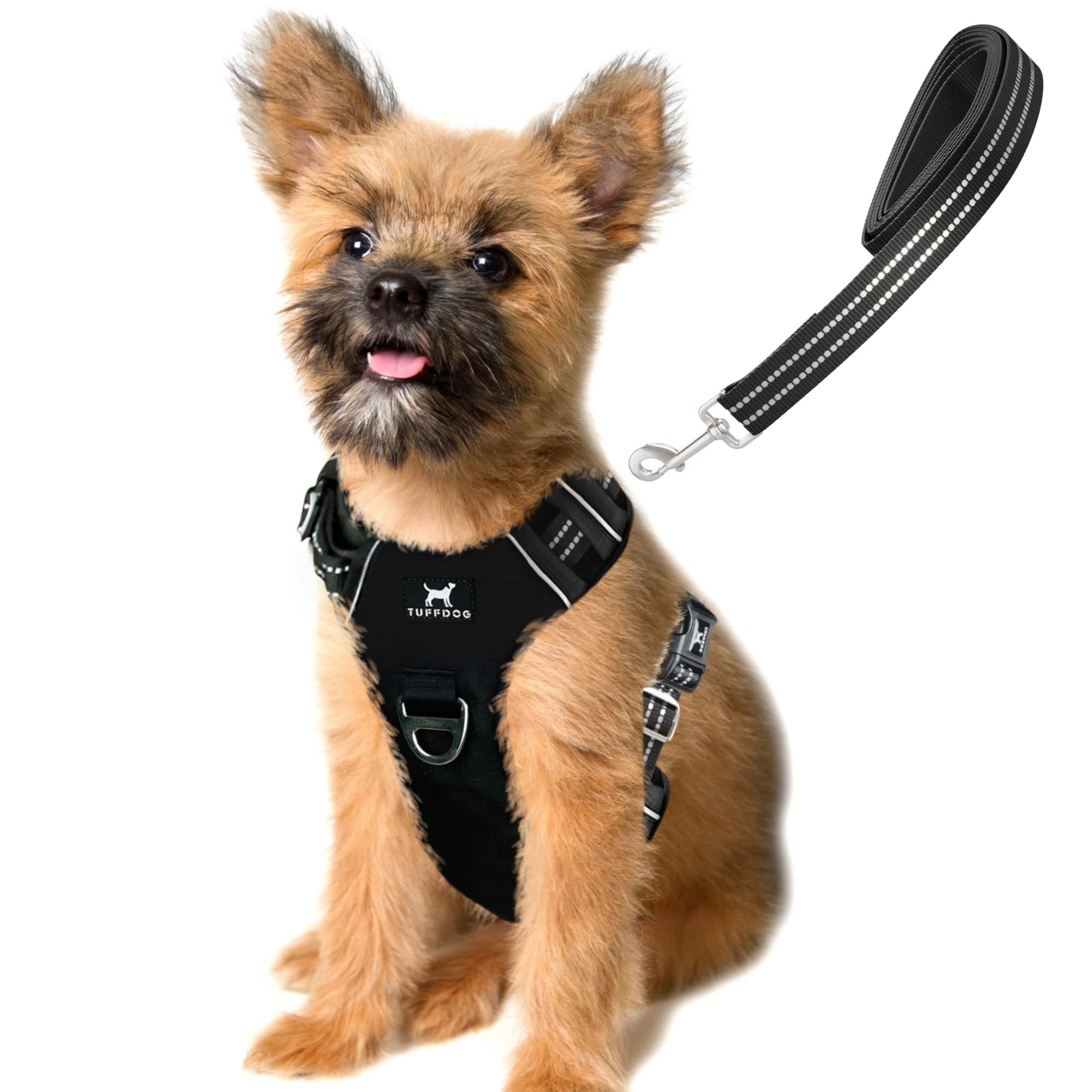 TUFFDOG Easy-Fit Dog Harness Small - Fast Release Neck Clip, Premium Padded Reflective No Pull Harness with Control Handle,, Adjustable Step-in Dog Vest Plus Free Matching Lead (S, Raven Black)