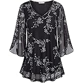 Bebonnie Womens Ruffle 3/4 Sleeve V Neck Double Layers Mesh Blouses Loose Fit Flowy Tunic Tops