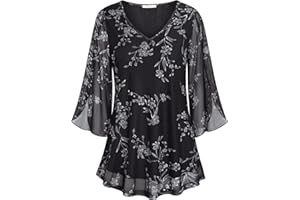 Bebonnie Womens Ruffle 3/4 Sleeve V Neck Double Layers Mesh Blouses Loose Fit Flowy Tunic Tops