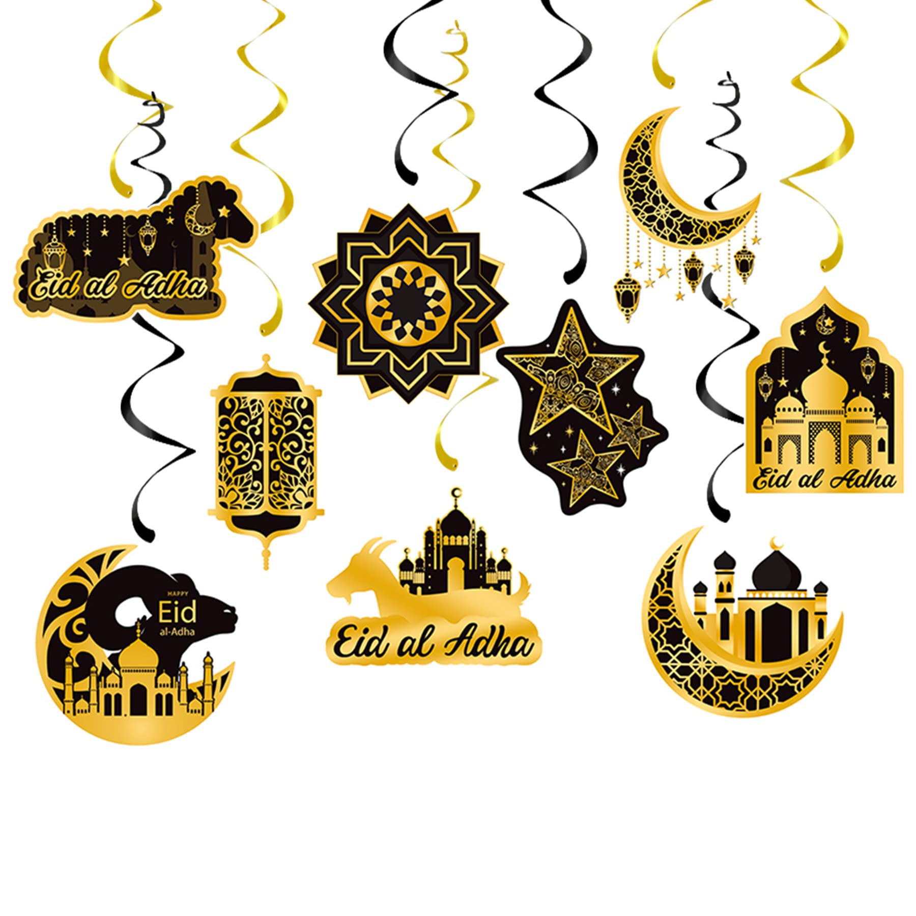18Pcs Ramadan Eid Mubarak Decorations,Ramadan Hanging Swirls Shining Black Gold Star Moon Lantern Ceiling Foil Eid Mubarak Hanging Decoration for Kareem,Muslim Islamic Festival,Eid Al-fitr Party