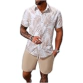 WDIRARA Men's Hawaiian Matching Set Summer Beach 2 Piece Outfits Tropical print Shirts and Shorts