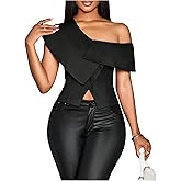 OYOANGLE Women's Off The Shoulder Short Sleeve Fitted Blouse Button Split Hem Dressy Top