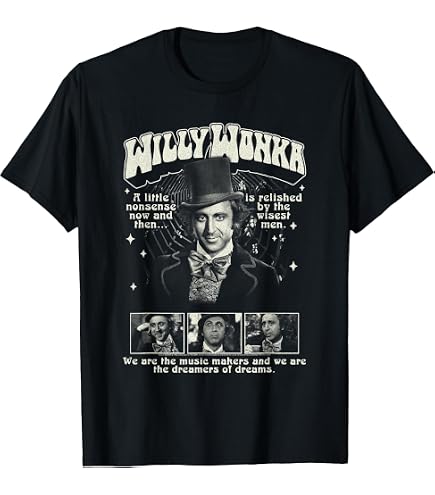 Amazon.com: WILLY WONKA Adults T-Shirt | Black Wonka Bar Short