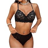 OYOANGLE Women's 2 Piece Scallop Floral Lace Lingerie Set Sexy Sheer Underwire Bra and Brief Set