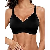 Curlady Wireless Bras for Women No Underwire - Full Coverage Comfortable Seamless Push Up Bra Scalloped Edge Everyday Support Bralette Black
