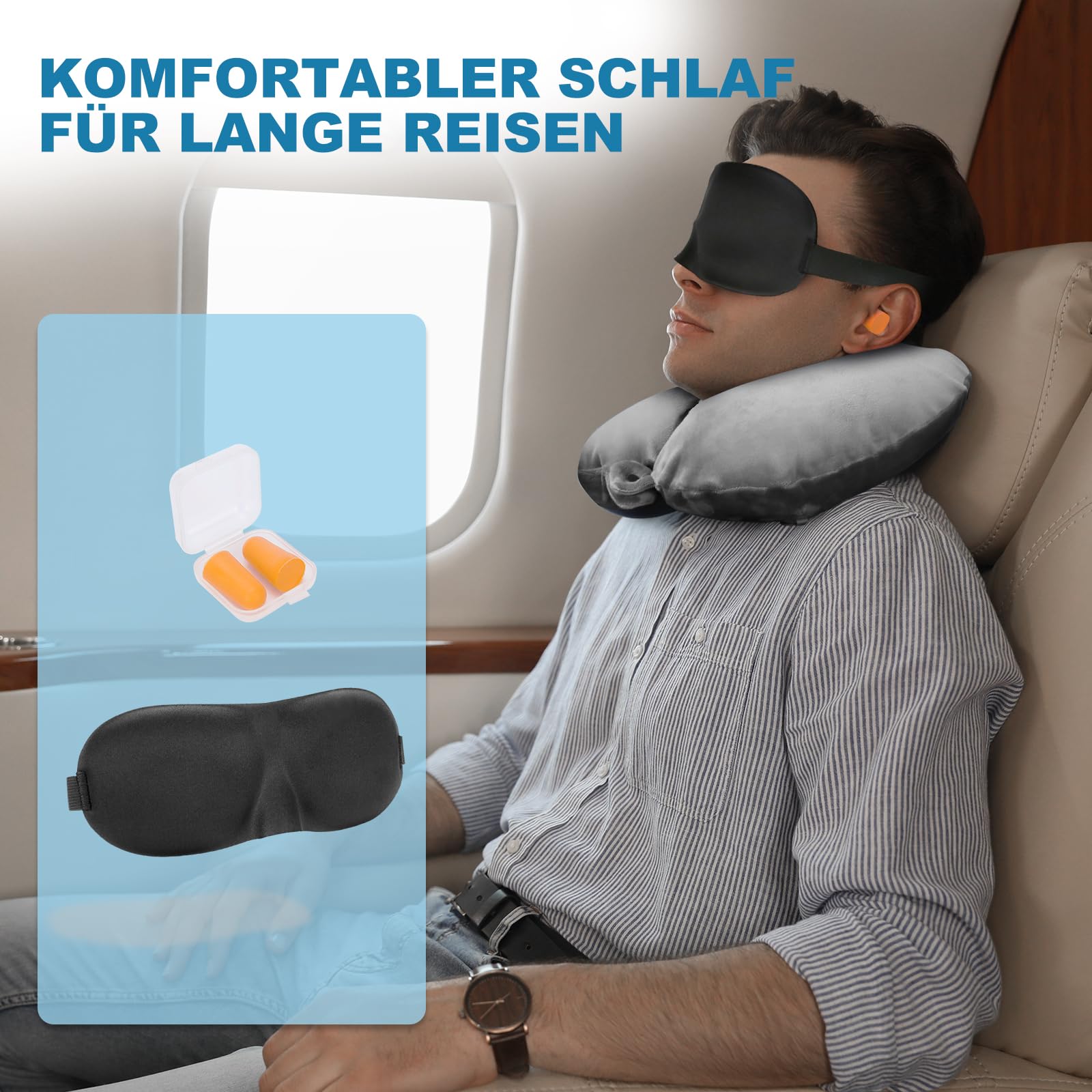 Cirorld Nackenkissen Flugzeug Aufblasbar, Reisekissen Flugzeug Nackenkissen, Nackenhörnchen Erwachsene, Aufblasbares Reisekissen mit Augenmaske und Ohrstöpsel(Grau) 7