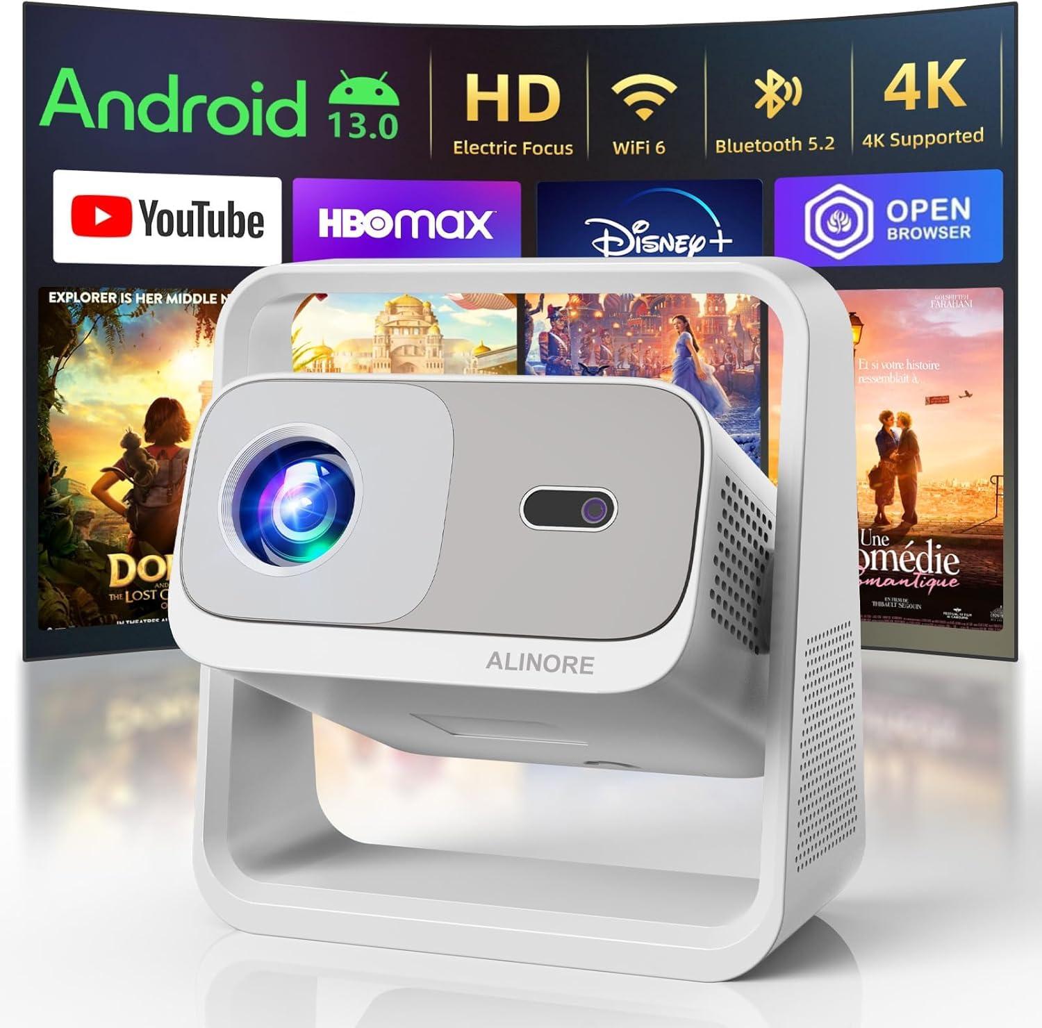 Photo 1 of ALINORE Smart Projector with WiFi and Bluetooth, Built-in Apps, Electric Focus & Auto Keystone Portable Outdoor Projecor, Native 1080P Projector 4K Support, Movie Projector for Home Theater, White