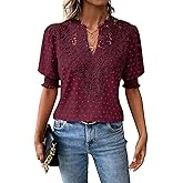 Falechay Womens Summer Tops Boho Short Sleeve Shirts V Neck Casual Chiffon Blouses Flowy Lace Hem Spring Clothing Trendy 2025