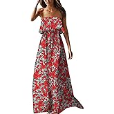 ZMPSIISA Women's Summer Off The Shoulder Maxi Dress Ruffle Strapless Blue White Porcelain Boho Casual Loose Long Dresses