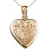 PicturesOnGold.com 14K Gold Filled Floral Heart Photo Locket with Diamond - 3/4 inch x 3/4 inch - Includes 18 inch Chain
