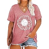 Plus Size Sunflower Shirts Women V Neck T Shirts Short Sleeve Tshirts Summer Tops