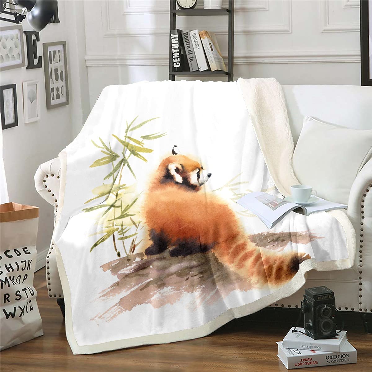 Red Panda Sherpa Blanket Animal Theme Fleece Throw Blanket Wildlife Style Plush Blanket for Bed Sofa Boys BedWatercolor Warm Fuzzy Blanket White Single 50x60 Inch