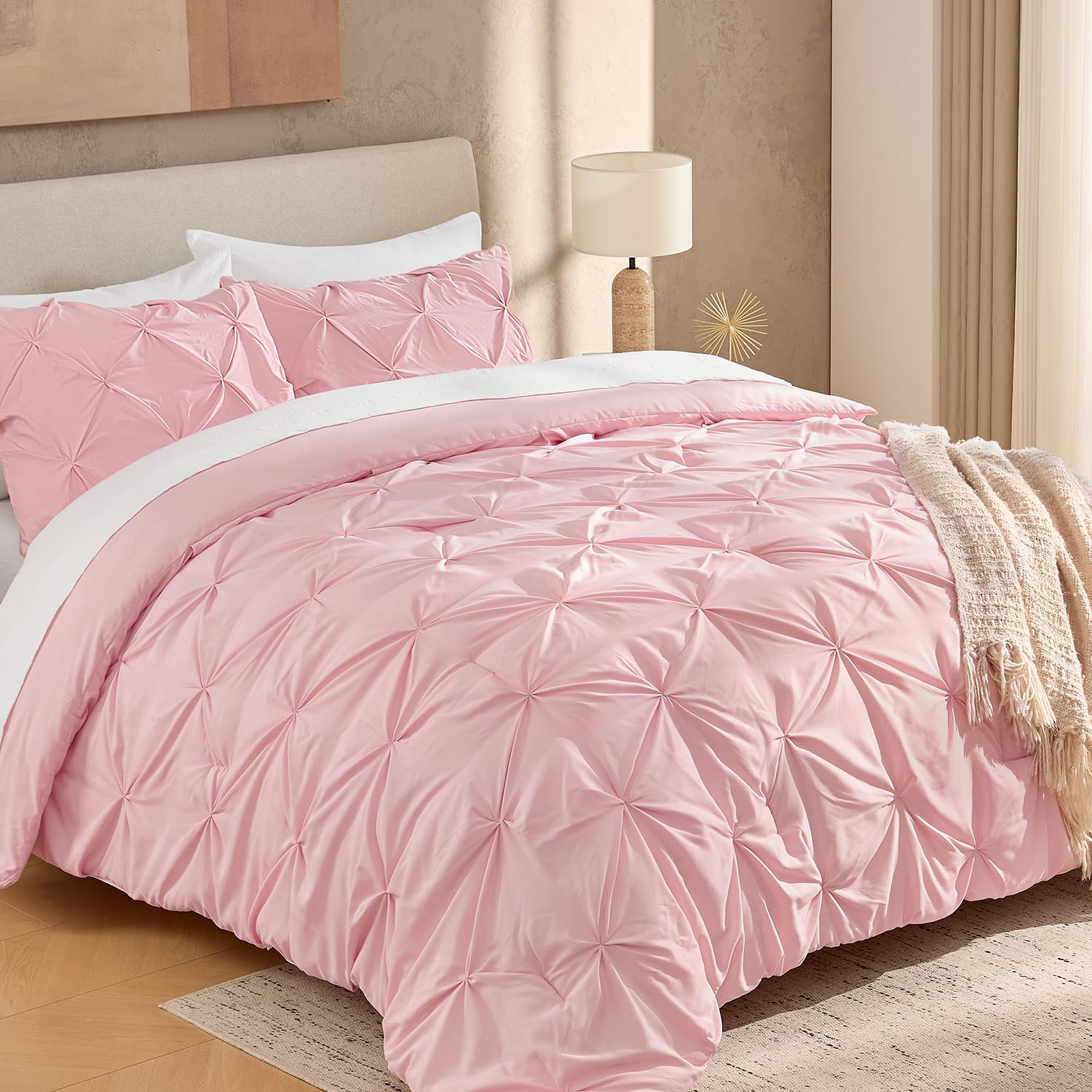 Andency Pink Comforter Set Queen(90x90Inch), 3 Pieces Soft Lightweight Cute Pinch Pleat Comforter Set for Queen Bed, All Season Western Warm Bed Set for Girls Women Image
