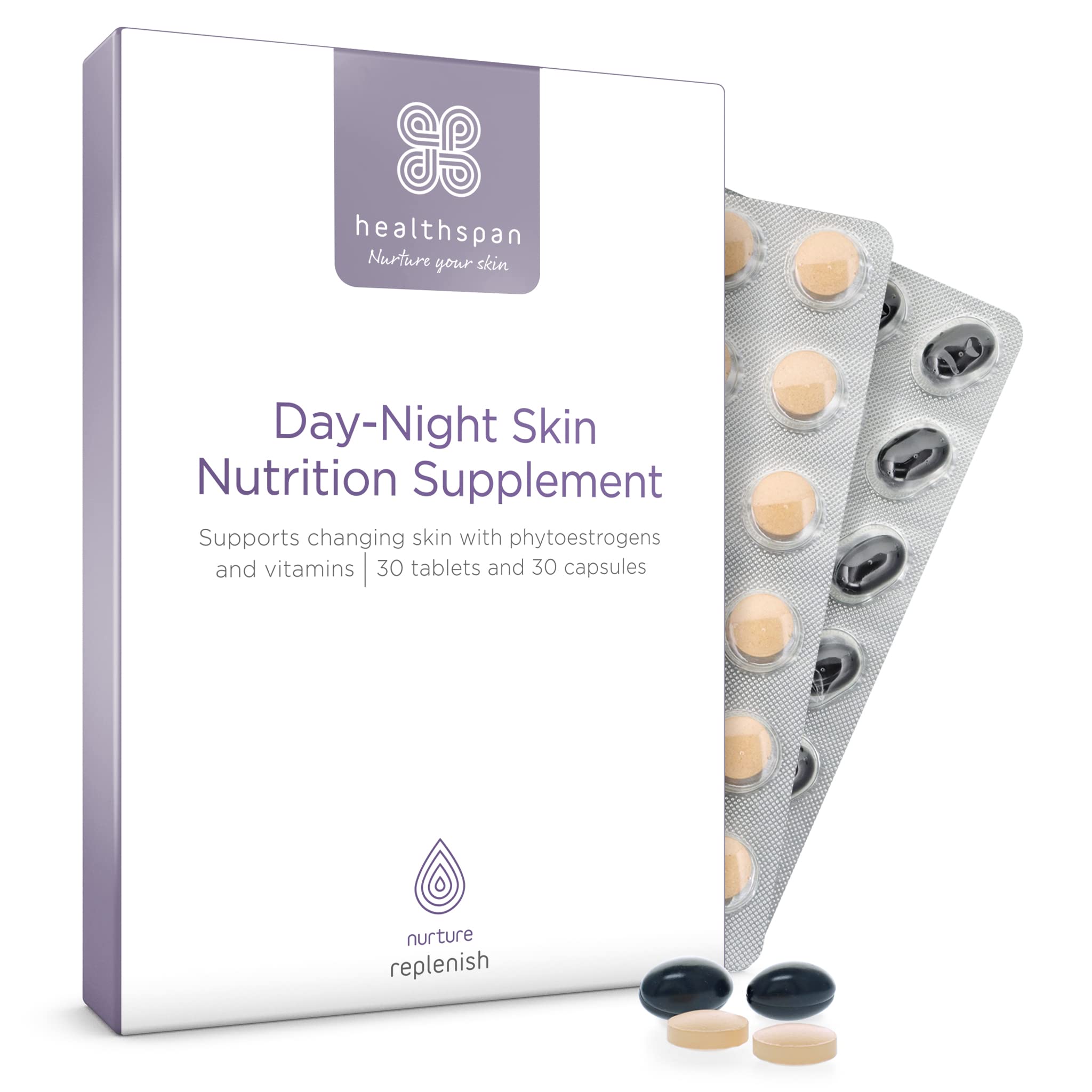 Healthspan Day-Night Skin Nutrition Supplement | Contains Soy Bean Extract & Omega 3 with Vitamins C & E | Skin Care | Vegetarian (30 Day Supply)